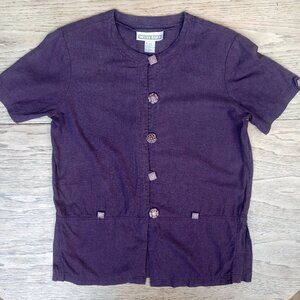 Vintage purple linen blend short sleeve blouse top shirt statement buttons Small